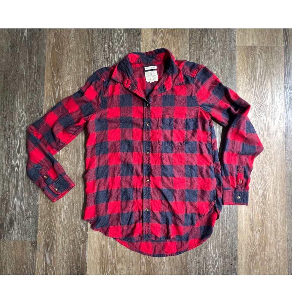 American Eagle Flannel Shirt Womens Small Red Navy Buffalo Plaid Boyfriend Fit